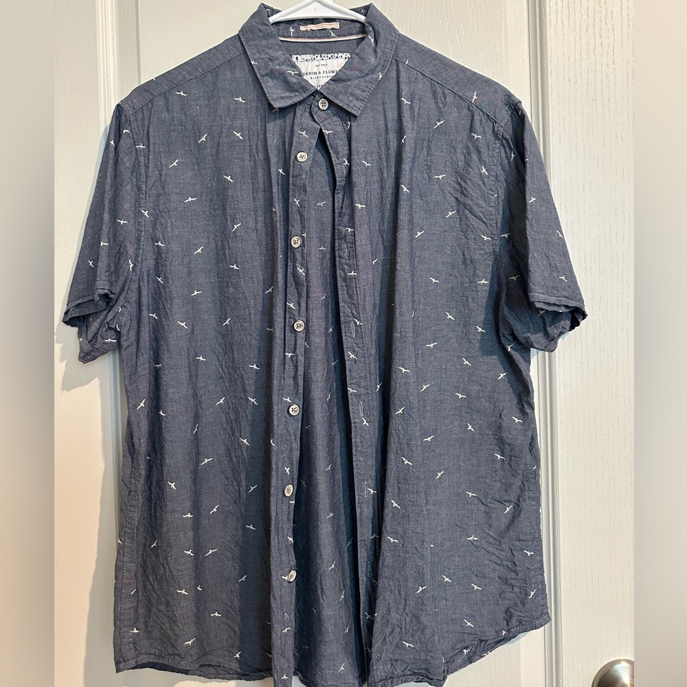 Men's Denim & Flower Button Up Shirt